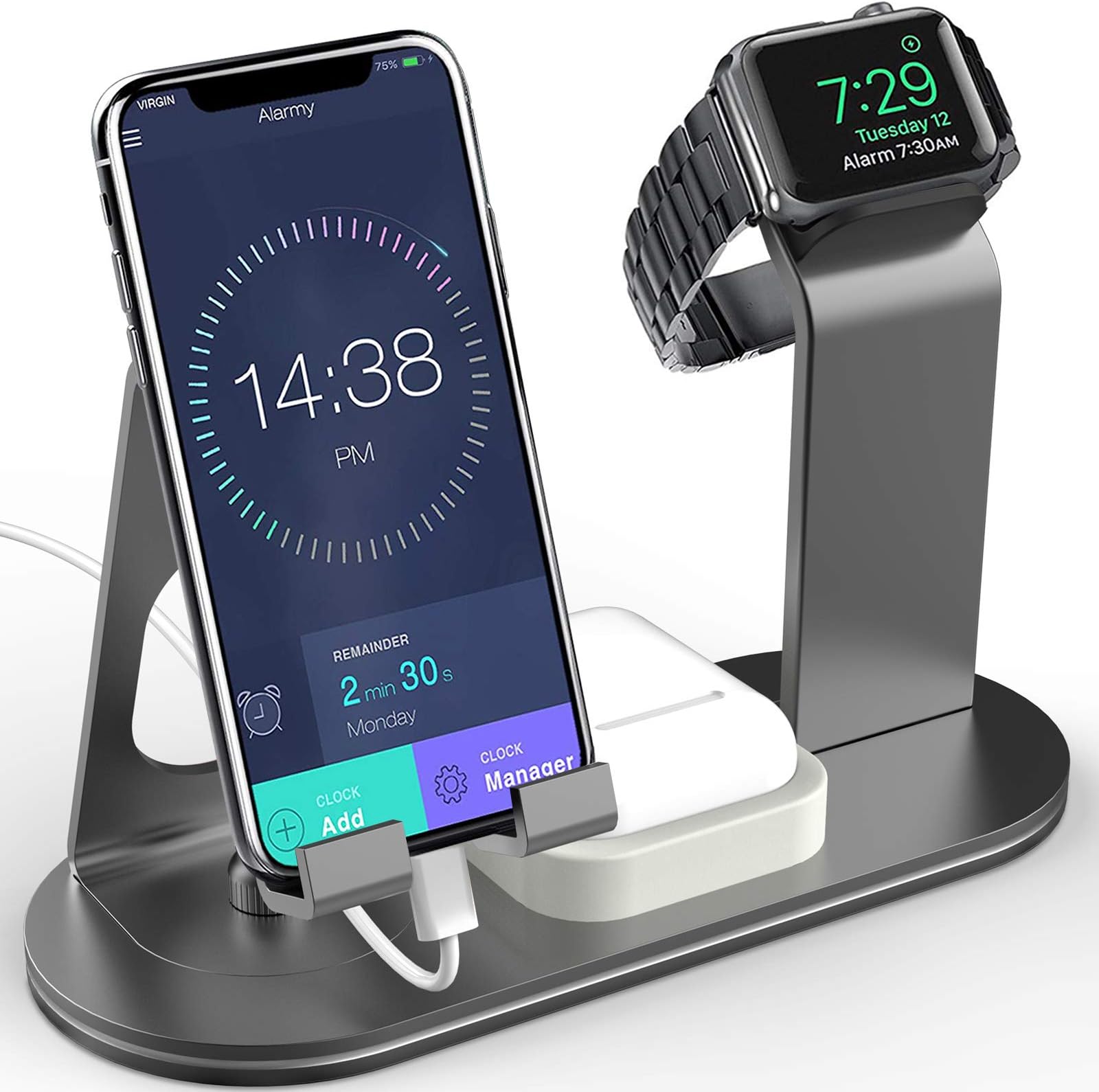 OLEBR Charging Stand Aluminum 4 in 1 Compatible for iWatch Series 5/4/3/2/1, AirPods and iPhone 11/ iPhone 11 Pro/iPhone 11 Pro Max/Xs/X Max/XR/X/8/8Plus/7/7 Plus /6S /6S Plus/iPad -Space Grey OB04