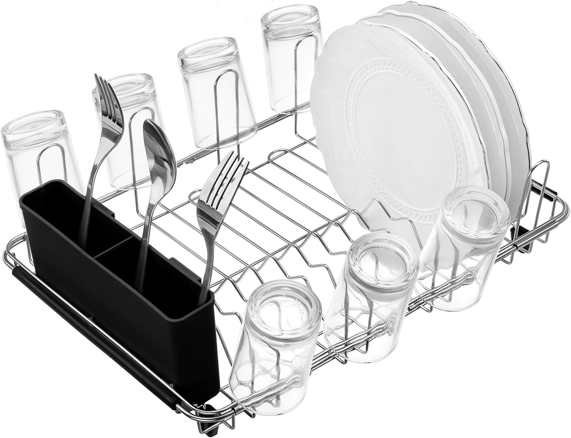 MONOKIT Over Sink Dish Drying Rack, Expandable Dish Rack Dish Drainer with Black Utensil Holder for Kitchen Rustproof Stainless Steel (Black)