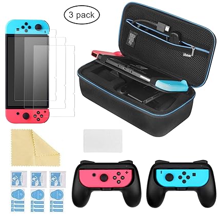 iAmer 6 in 1 Zubehör Kit für Nintendo Switch, Nintendo Switch Tragetasche + 2 Griff für Nintendo Switch Joy-Cons + 3 Stück Di