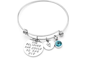 LIUANAN Stainless Steel Inspirational Encouragement Bracelet She Believed She Could So She Did Expandable Bangle Birthstone Charm Cuff Bracelet