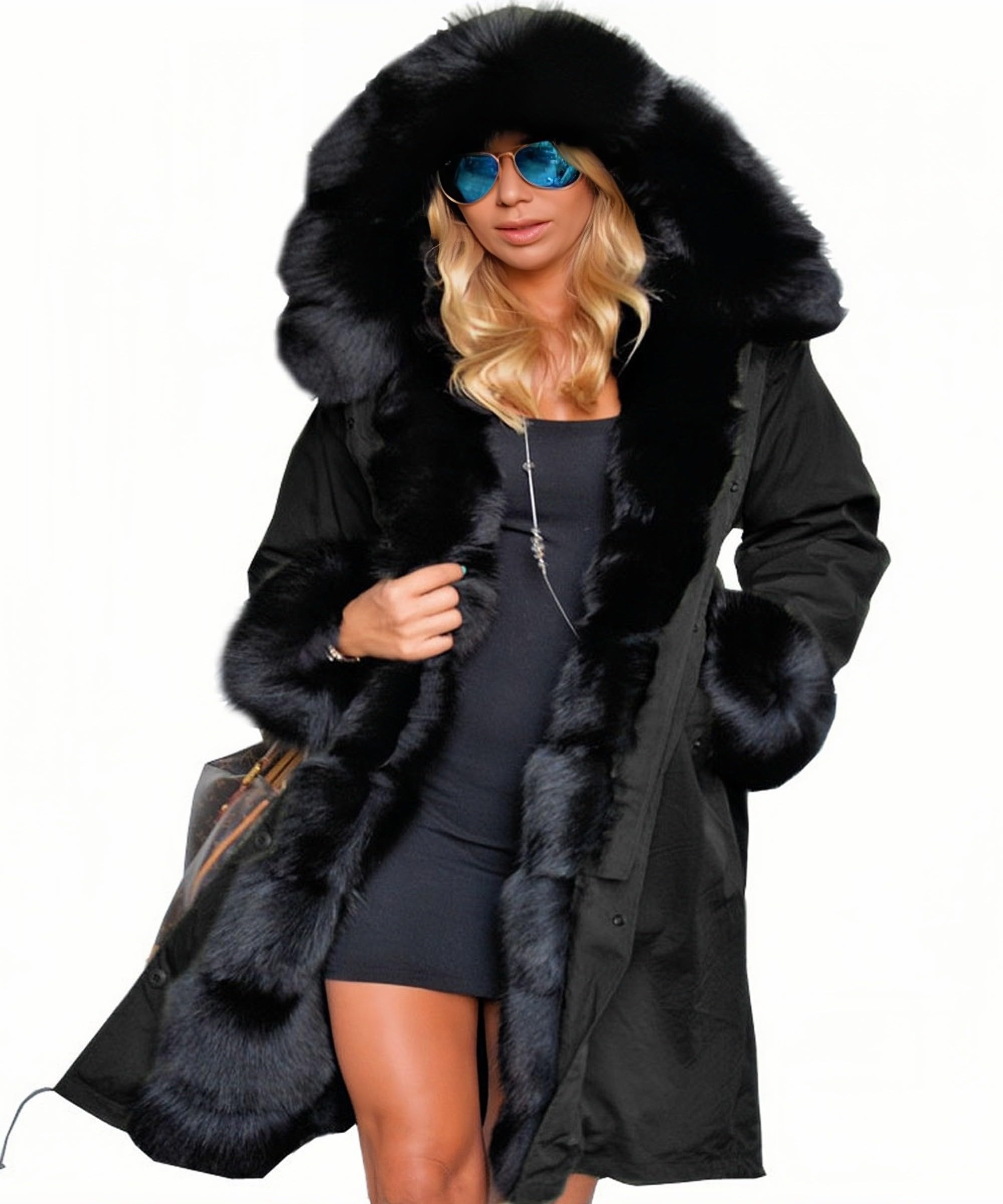 Women S Winter Coat Warm Thick Black Fleece Lined Wide Furry Hood Parka