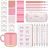 Vesici 26 Pcs Cute Pink Stationery Set School Supplies Coquette Bow Journaling Kit Coquette Notebook Bow Pens Coffee Mug Highlighters Pencil Case for Women Office Church Bible Study
