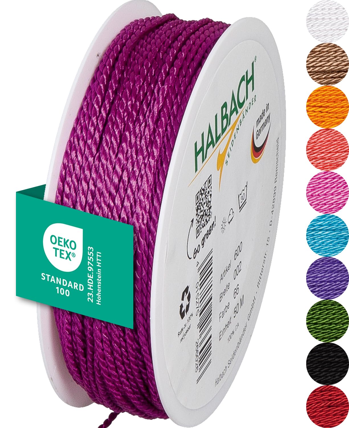 Halbach Seidenbänder Premium Cord (Pink) | Width 2 mm Length 50 m | Made in Germany & Oeko-Tex Certified | Shiny Satin Cord Made of Acetate — image 1