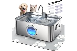 ZUQQONY 12L/3.2Gal Dog Water Fountain Stainless Steel with Silicone Mat & 3 Set Filters, DYSJ01 Dog Fountain Water Bowl for Large Dogs Cats & Multi-Pet Home with Water Level Window & LED Indicator