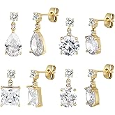 MDFUN 4 Pairs Teardrop Dangle Stud Earrings Set for Women, 18K Gold Plated Round Princess Cut Clear Cubic Zirconia Tear Drop Dangle Stud Earrings Hypoallergenic Jewelry
