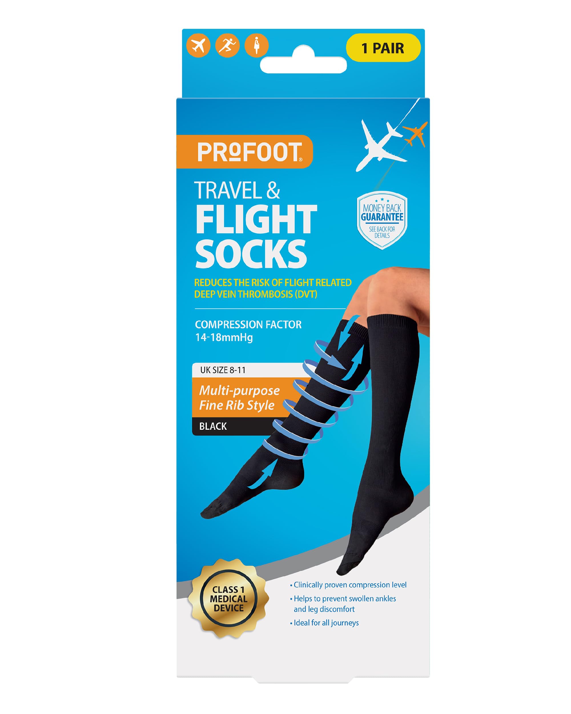 PROFOOT Unisex Ribbed 4-7 ProFoot Flight Socks Fine Rib Style 4 7 UK Size 1 Pair, Black, UK