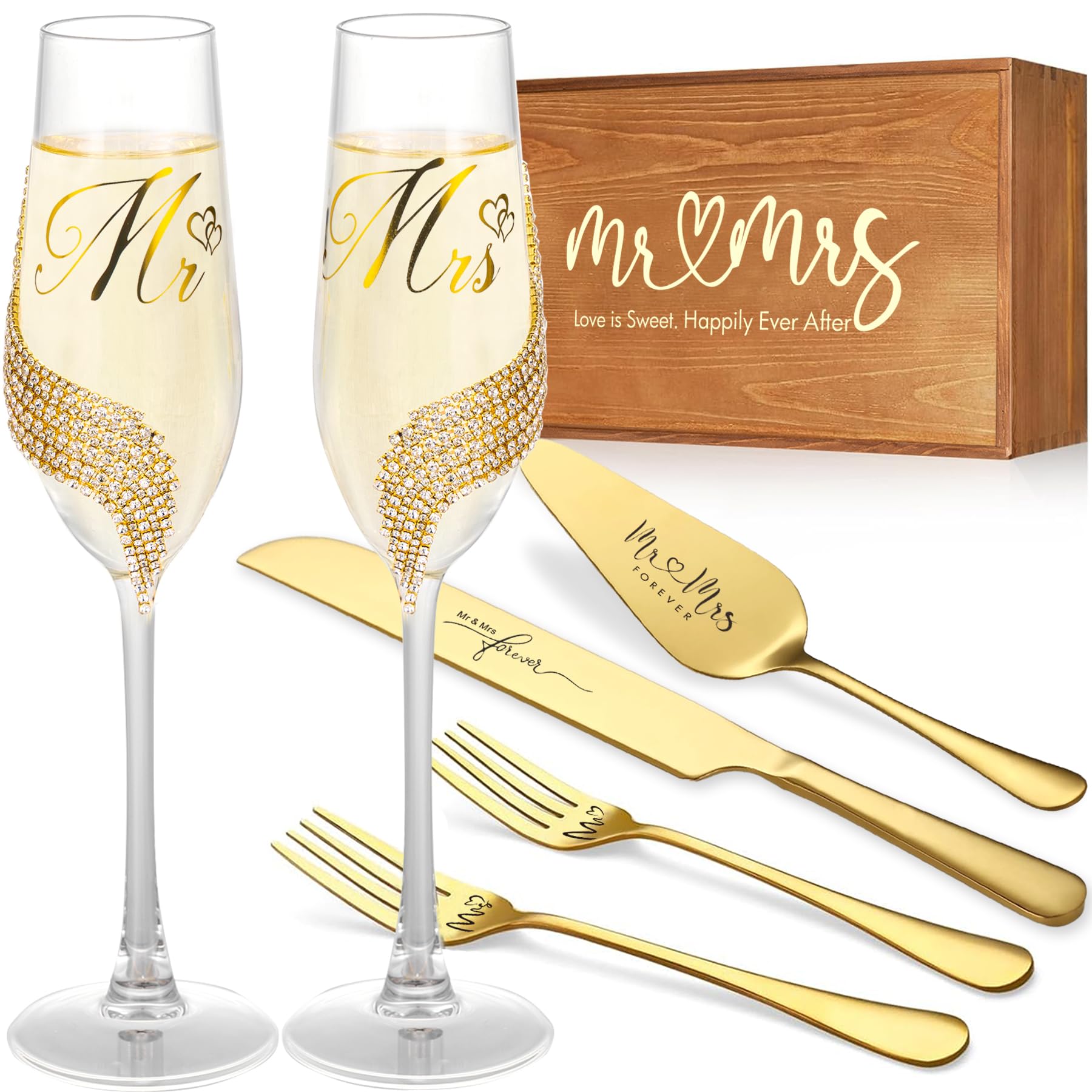 Photo 1 of VARLKA Wedding Cake Knife and Server Set, Gold Mr and Mrs Champagne Flutes and Cake Cutting Set for Wedding Bridal Shower Gifts (Gold)