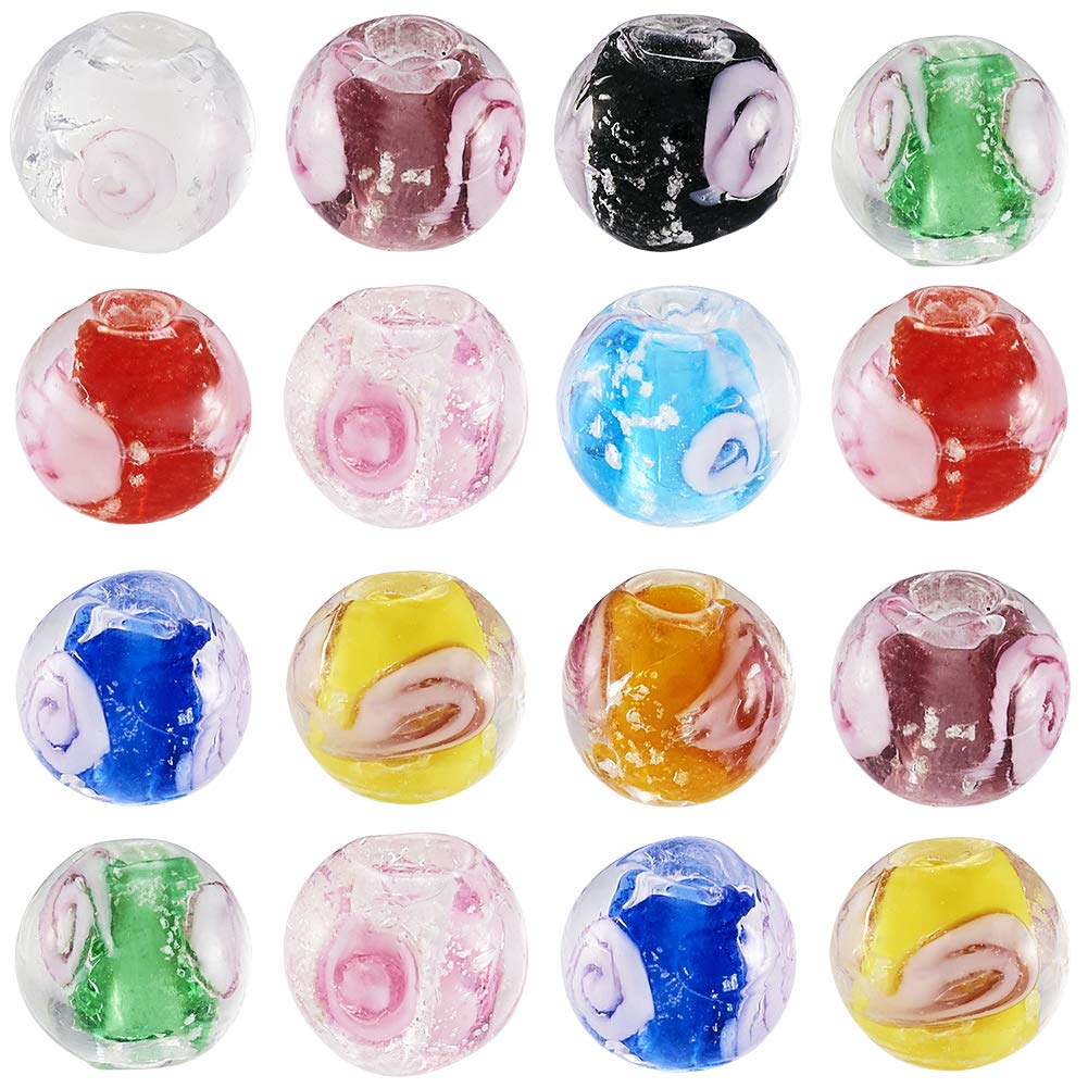 PandaHall 100pcs Round Lampwork Glass Beads 8mm Luminous Handcrafted Loose Beads with Flower Mixed Color for Jewelry Making
