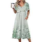 Zeagoo Summer Dress for Women Casual Floral Midi Sundress with Pockets V Neck Pleated Short Sleeve Aline Beach Vacation Dress