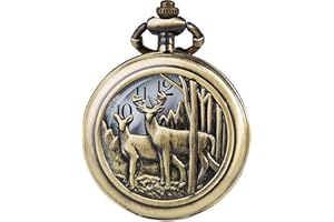 DerMacht Pocket Watch with Chain Deer Reindeer Woodland/Cowboys/US Flag/Alicce Party/Wolf Birthday Christmas Gifts