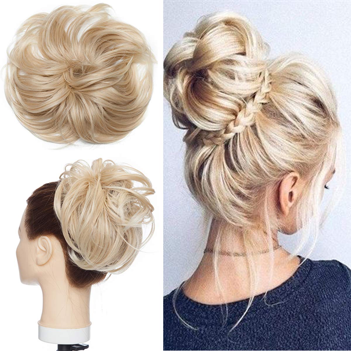 Tousled Updo Messy Bun Hair Piece Hair Extension Ponytail With Elastic Rubber Band Updo Extensions Synthetic Hair Extensions Scrunchies Ponytail Hairpiece for Women Dark Blonde to Bleach Blonde โ image 1