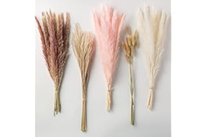 GRENSUK Dried Pampas Grass,100 pcs 17 inch Pampas Grass Decor-15Pcs White Pampas&20Pcs Brown Pampas&15Pcs Pink Pampas&30Pcs Reed Grass&20Pcs Bunny Tail Grass for Home Decor Wedding Boho Decor (100 Pcs)