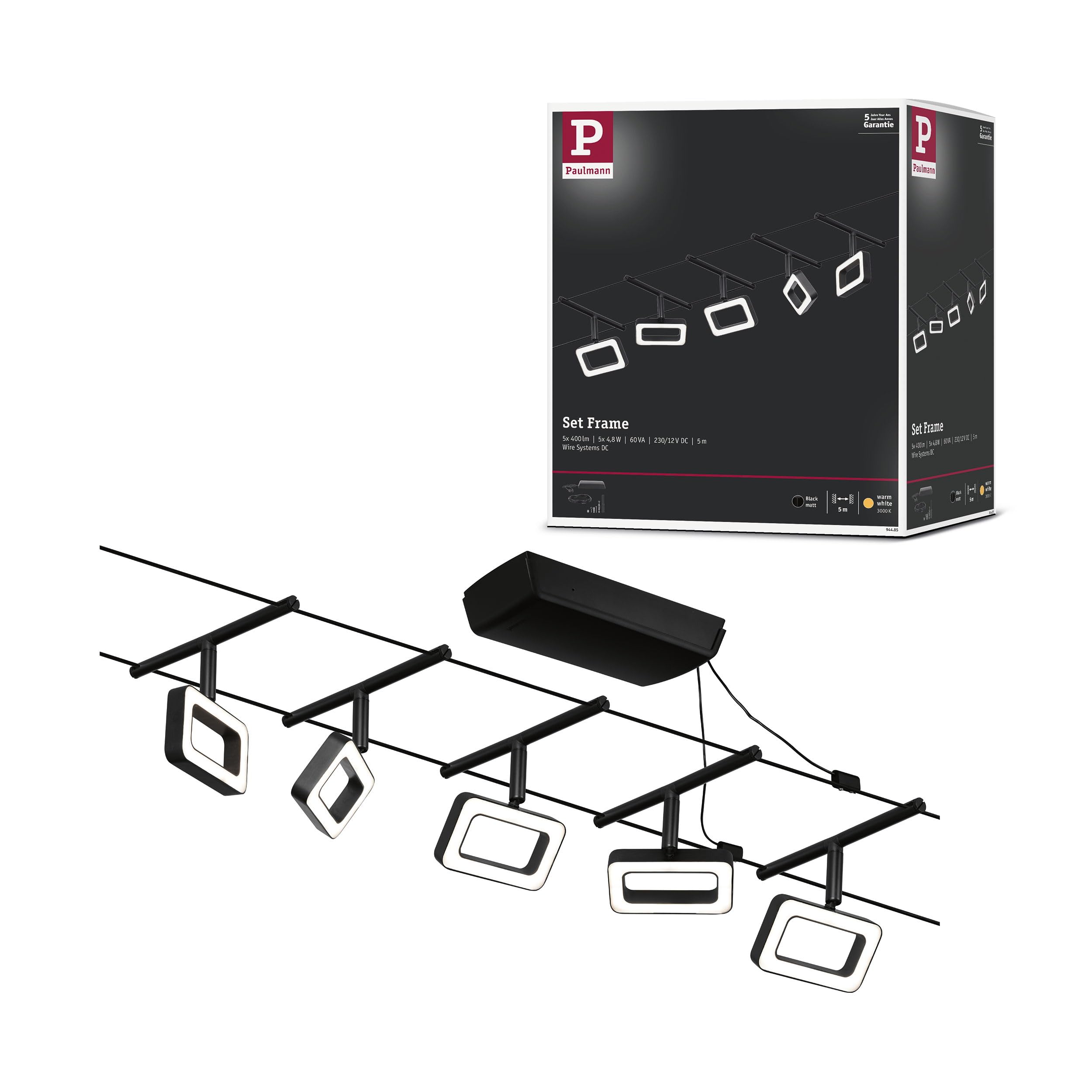 Paulmann 94485 LED Cable System Frame Base Set 5 x 400 lm incl. 5 x 4.8 W Warm White Matt Black Chrome Plastic Metal 3000 K
