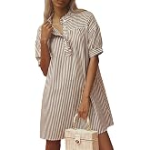 BLENCOT Summer Dresses for Women Puff Sleeve Striped Button Mini Dress | Dressy Casual Dresses, Women's Button Front Ruffle C