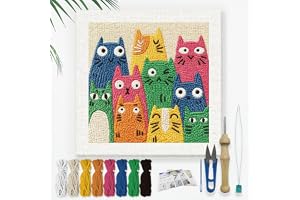 Doodlream Colorful Cats DIY Punch Needle Embroidery Kit for Adult Beginner, 9.4" Cartoon Kitten Punch Stitching Craft Set for Starter with Frame,Fabric Pattern,Threader, Yarn, Pinch Needle | 9.4" Cartoon Kitten Punch Stitching Craft Set with Frame, Fabric Pattern, Threader, Yarn, Pinch Needle for Starter Gifts