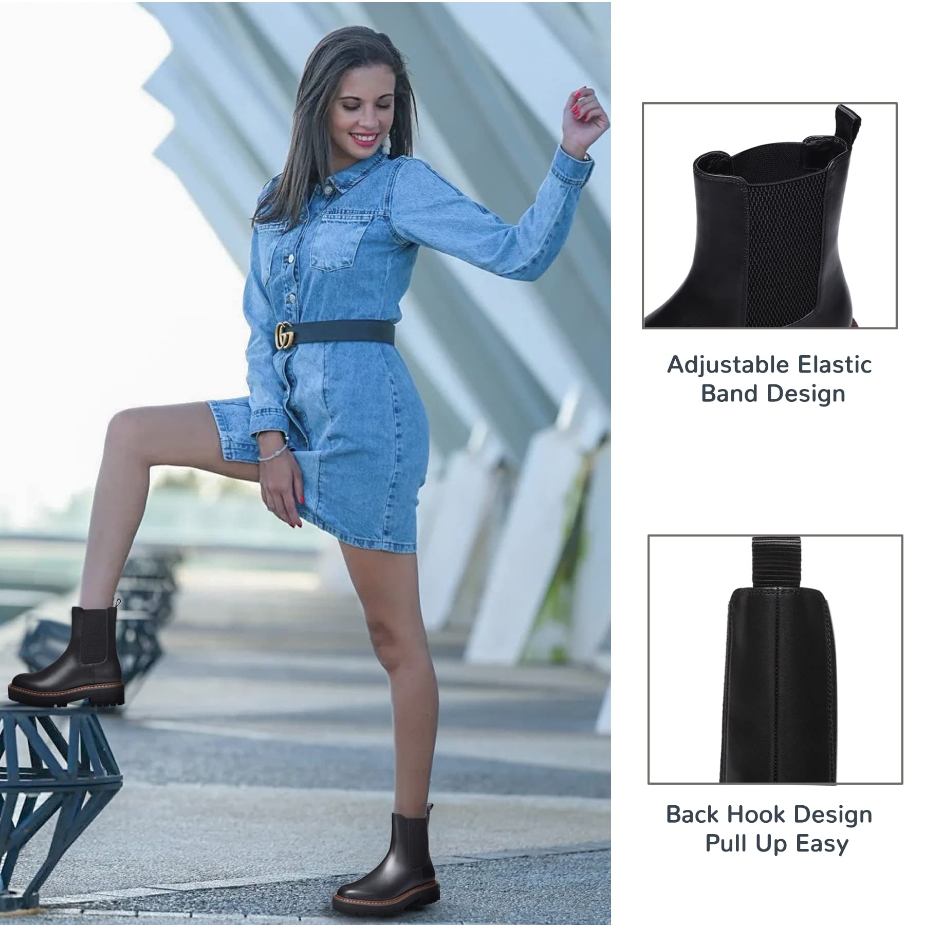 Athlefit Women's Chelsea Ankle Boots Platform Slip On Chunky Heel Lug Sole Leather Booties