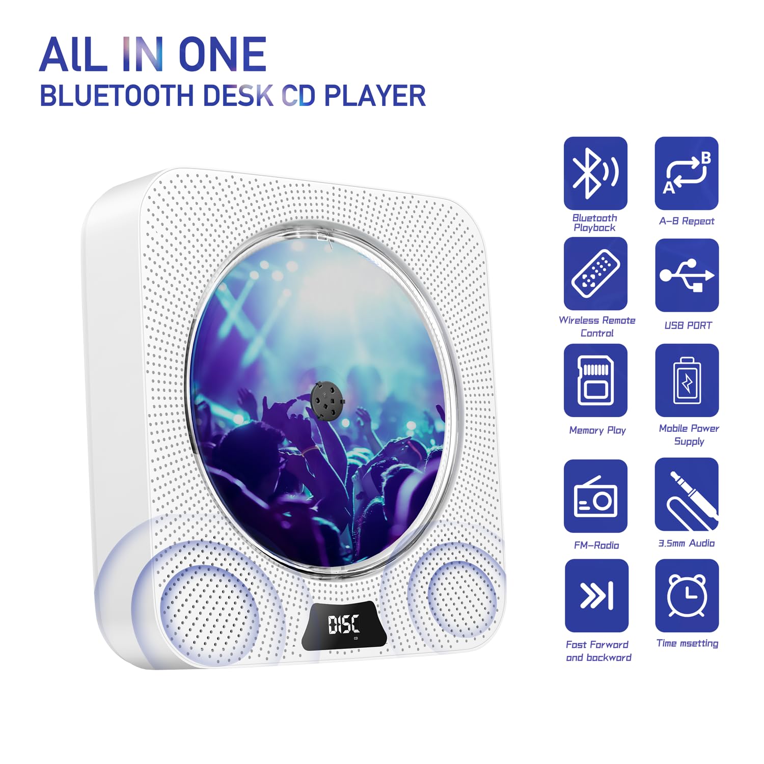 Portable CD Player with Bluetooth, Wall Mountable CD Player with Dust Cover,FM Radio,Built-in Speakers,USB Port,AUX Input,LCD Display