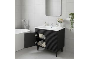 DPWOODON 30'' Modern Bathroom Vanity with Sink Cabinet, Freestanding Bathroom Vanities Featuring 2 Soft-Closing Doors, Water-Resistant MDF, Solid Acacia Wood Legs, Black