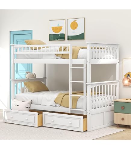 HOMGX Twin Over Twin Bunk Bed With Trundle - Solid Wood Convertible Bed With Ladder & Guardrail