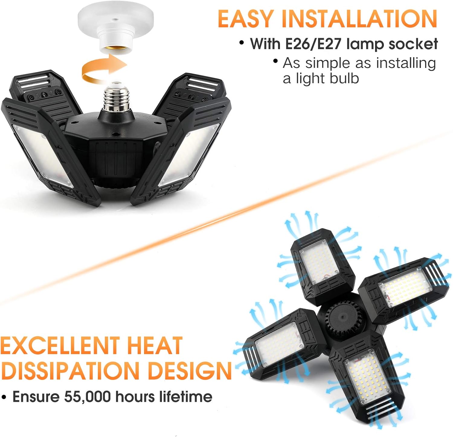 LED Garage Lights 2-Pack, LHKNL 12000LM Super Bright 120W Deformable Garage Ceiling Light with 4 Adjustable Panel, LED Shop Light with E26 Lamp Socket, Ceiling Lighting Fixture for Basement, Warehouse: Home Improvement