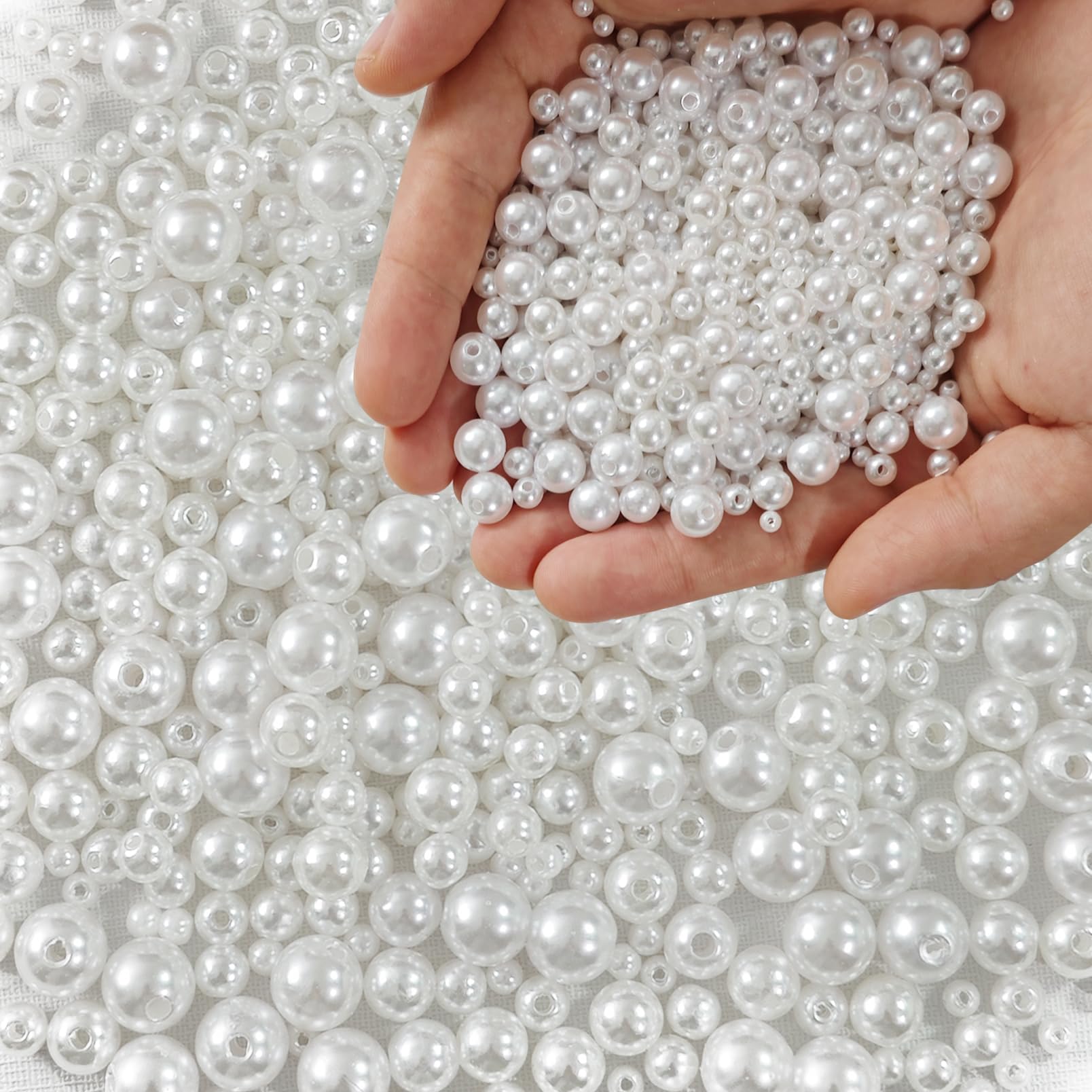 HILELIFE 1500pcs Pearl Beads for Jewelry Making, 4mm 6mm 8mm 10mm Round Loose Beads with Hole, Bracelet Pearls for Crafts, White Pearls for Jewelry Making