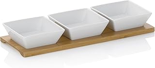 Kela 12261 Schalen-Set mit Bambusbrett, 4tlg., Eckig, Porzellan, 33 x 12 x 5, Philipa, Weiß
