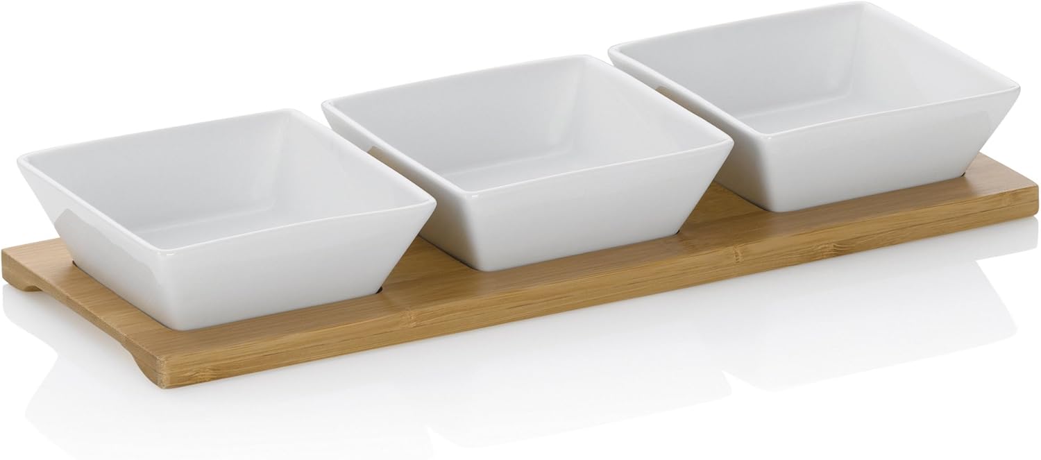 Kela 12261 Schalen-Set mit Bambusbrett, 4tlg., Eckig, Porzellan, 33 x 12 x 5, Philipa, Weiß