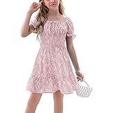 Goranbon Girls' Summer Floral Dress Kids 2025 Puff Sleeve Square Neck Smocked Flowy Sun Dresses