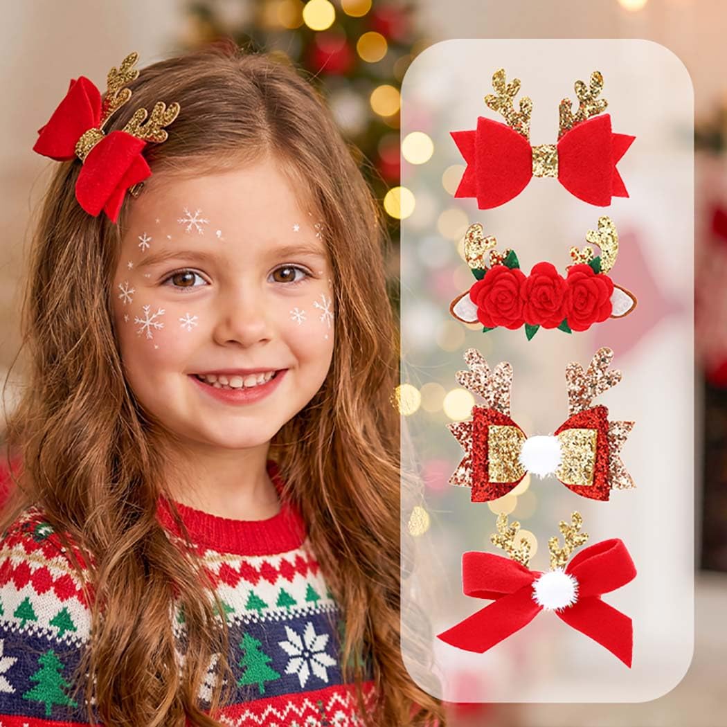 IYOU Christmas Bow Hair Clips Flower Reindeer Antler Hair Accessories Girls Christmas Party Red Hairpins for Women and Girls (pack of 4)
