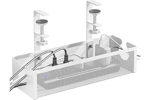 DELAMU Under Desk Cable Management Tray, No Drill Metal Mesh Cable Management Under Desk with F-Clamp Mount & 2 Open Holes, Cord Organizer for Home Office, 1 Pack, White