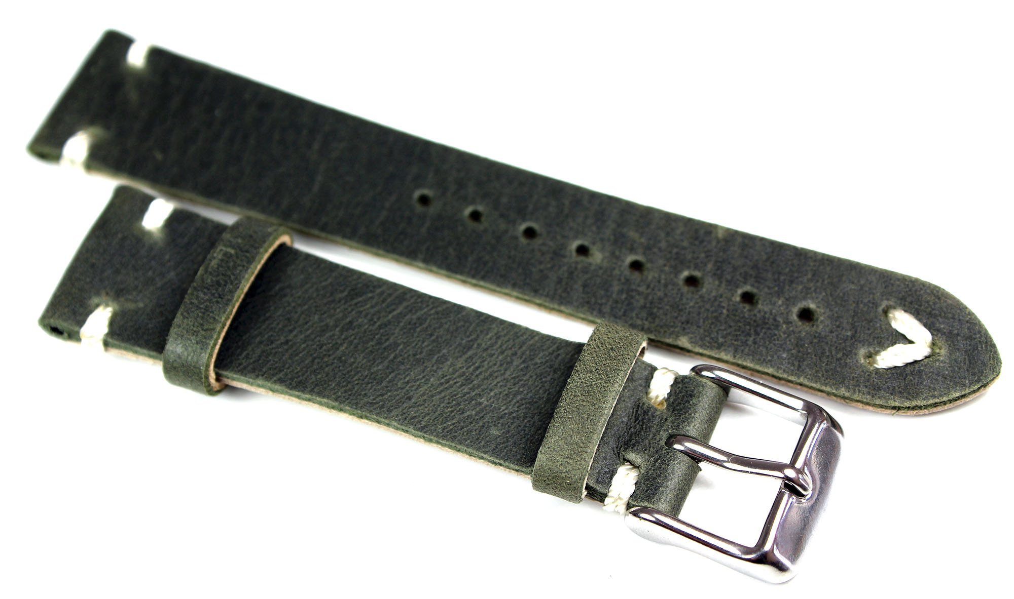 leather strap white stitching 20 mm / 16 mm band, retro quality strap, marine green BS, top quality.