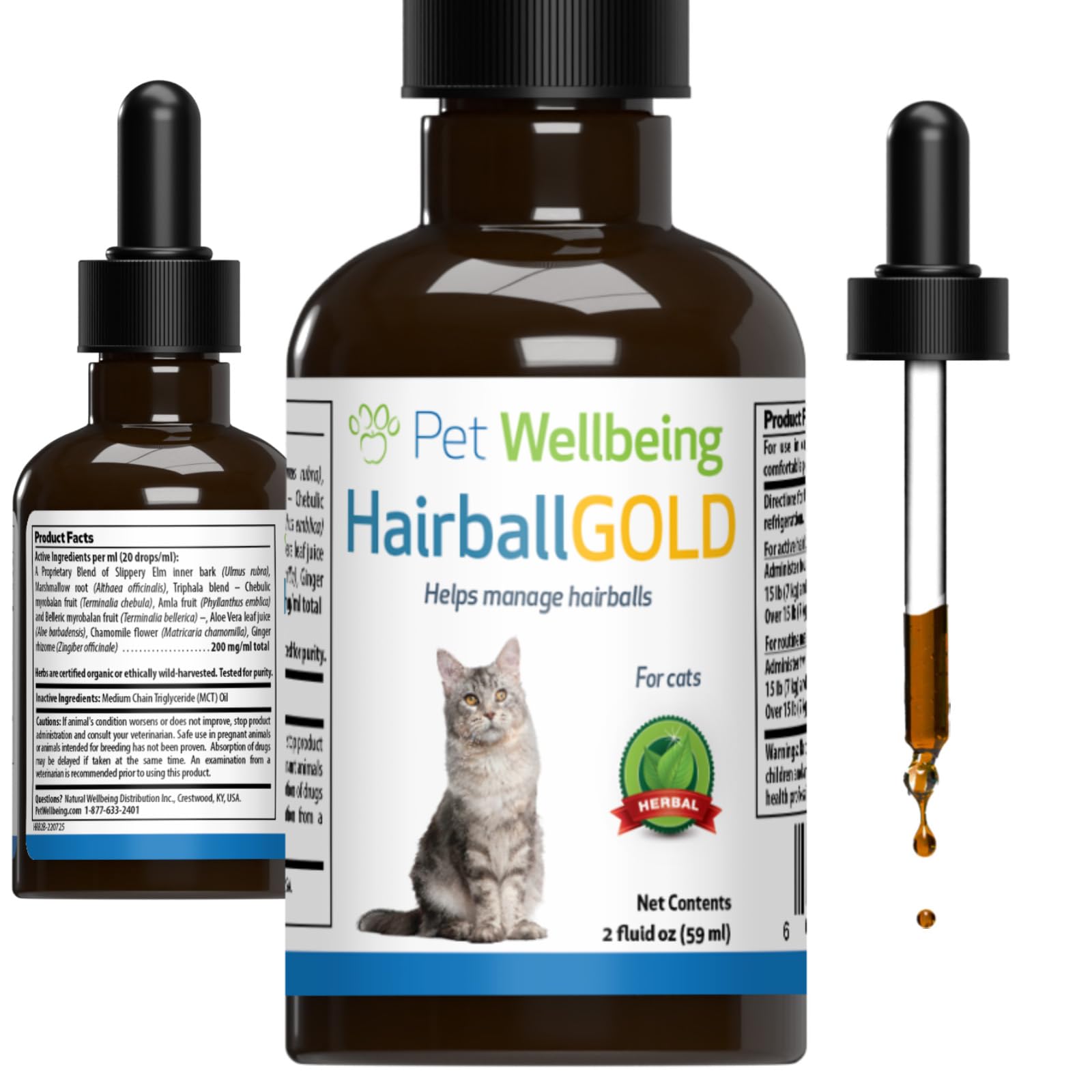 Pet Wellbeing Hairball Gold for Cats - Holistic Hairball and Digestive Care, Normal Elimination, Slippery Elm, MCT Oil, No Mineral Oil - Veterinarian-Formulated Herbal Supplement 2 oz (59 ml)