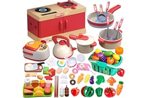 KEJIH 84 Pcs Play Food Sets for Kids Kitchen - Kids Kitchen Accessories Set with Cooking Stove,Toddler Pretend Cooking Play Pots,Pans,Utensils Cookware,Education Toys for Kids,Gifts for Boys Girls (Mini)
