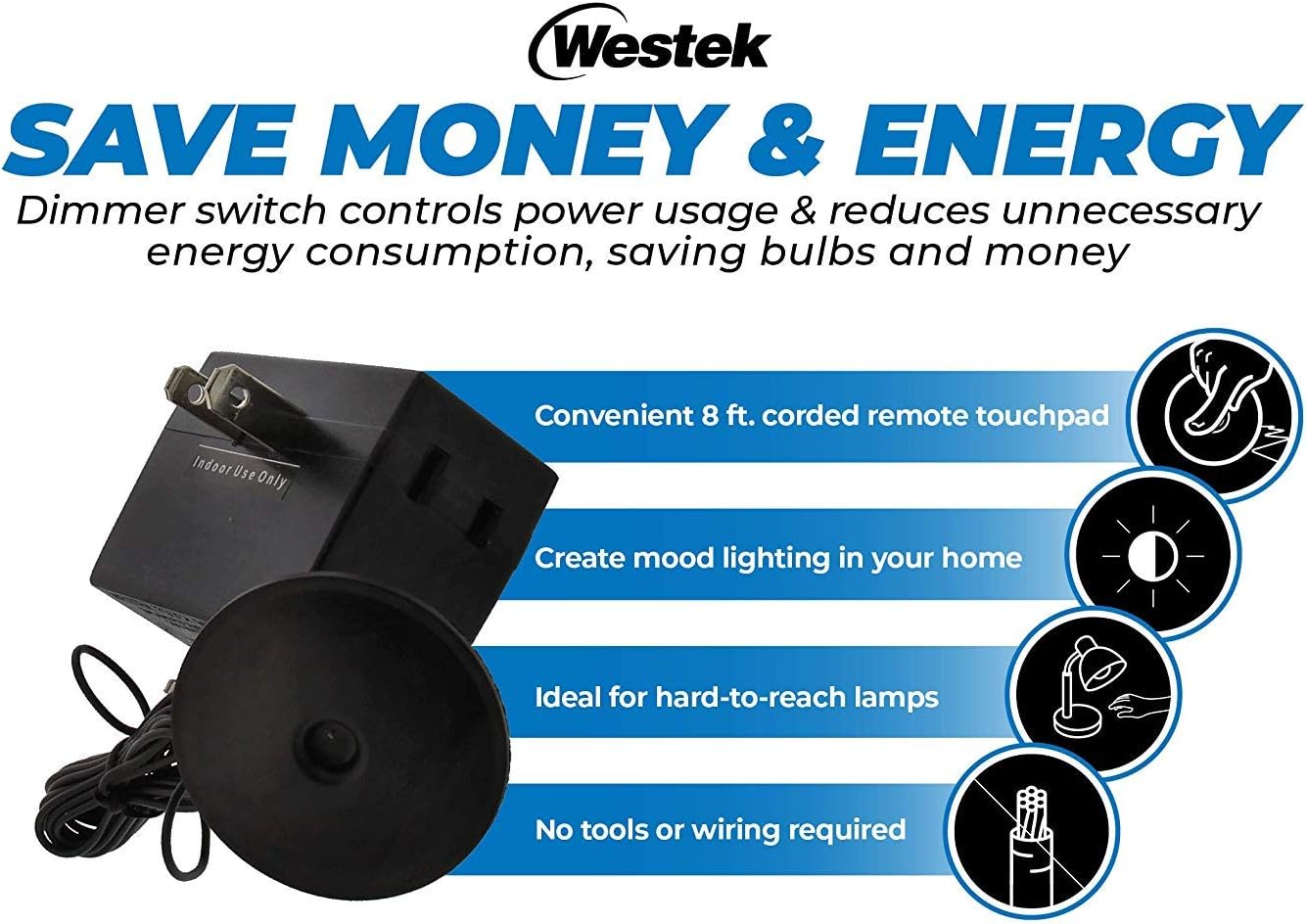 Westek Dimmer Switch for Lamps – Plug In Dimmer Switch with Touchpad Control, 2 Pack – 200W, 3 Level Dimmer – Light Dimmers for Lamps are Ideal for Bedside and Hard to Reach Lamps – 6043BC - - 
