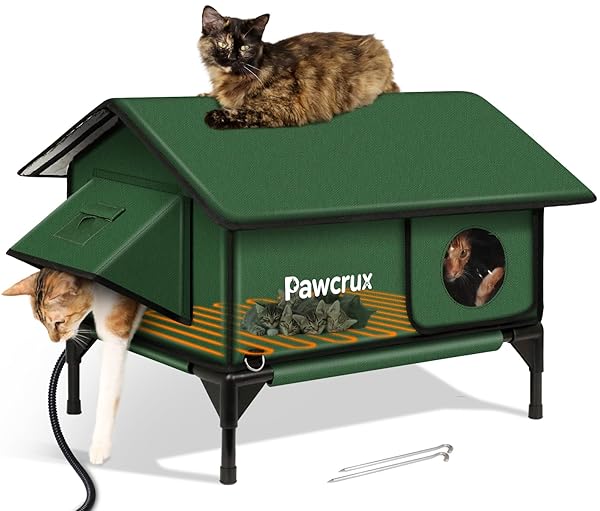 100% WATERPROOF HEATED CAT HOUSE FOR OUTDOOR CAT WITH SAFE ESCAPE DOOR, CAT BED WEATHERPROOF CAT SHELTER KITTY WITH CAT HEATING PAD, INSULATED WARM HOUSE FOR FERAL CAT(GREEN, 24″X16″X20.2″)