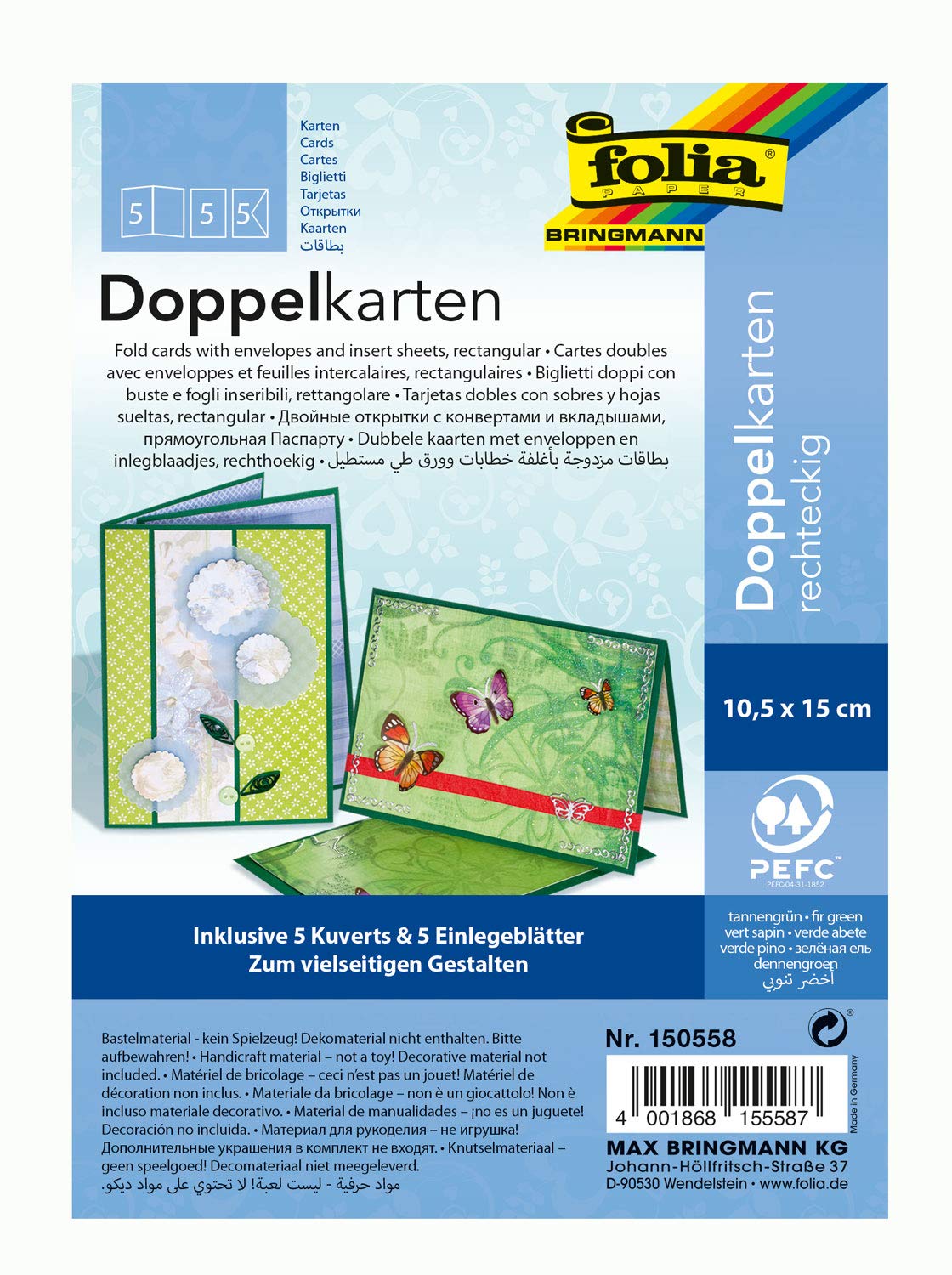 EFCO A6 Folded Card, Fir Tree Green, 10.5 x 15 cm, 220 g/m, 5-Piece