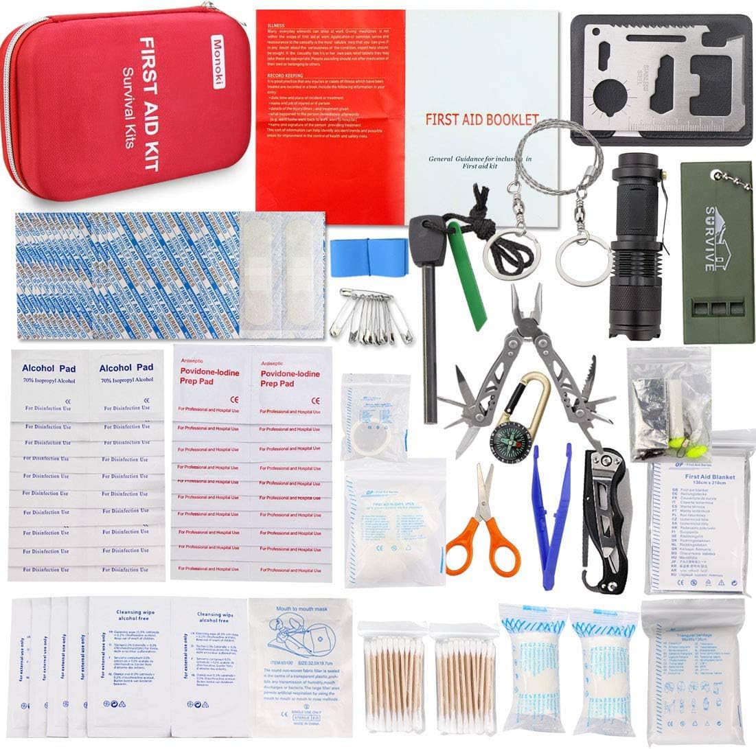 Monoki First Aid Kit Survival Kit, 241Pcs Upgraded Outdoor Emergency Survival Kit Gear - Medical Supplies Trauma Bag Safety First Aid Kit for Home Office Car Boat Camping Hiking Hunting Adventures : Sports & Outdoors
