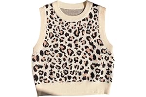 WDIRARA Girl's Leopard Sweater Vests Crew Neck Sleeveless Knit Tank Tops