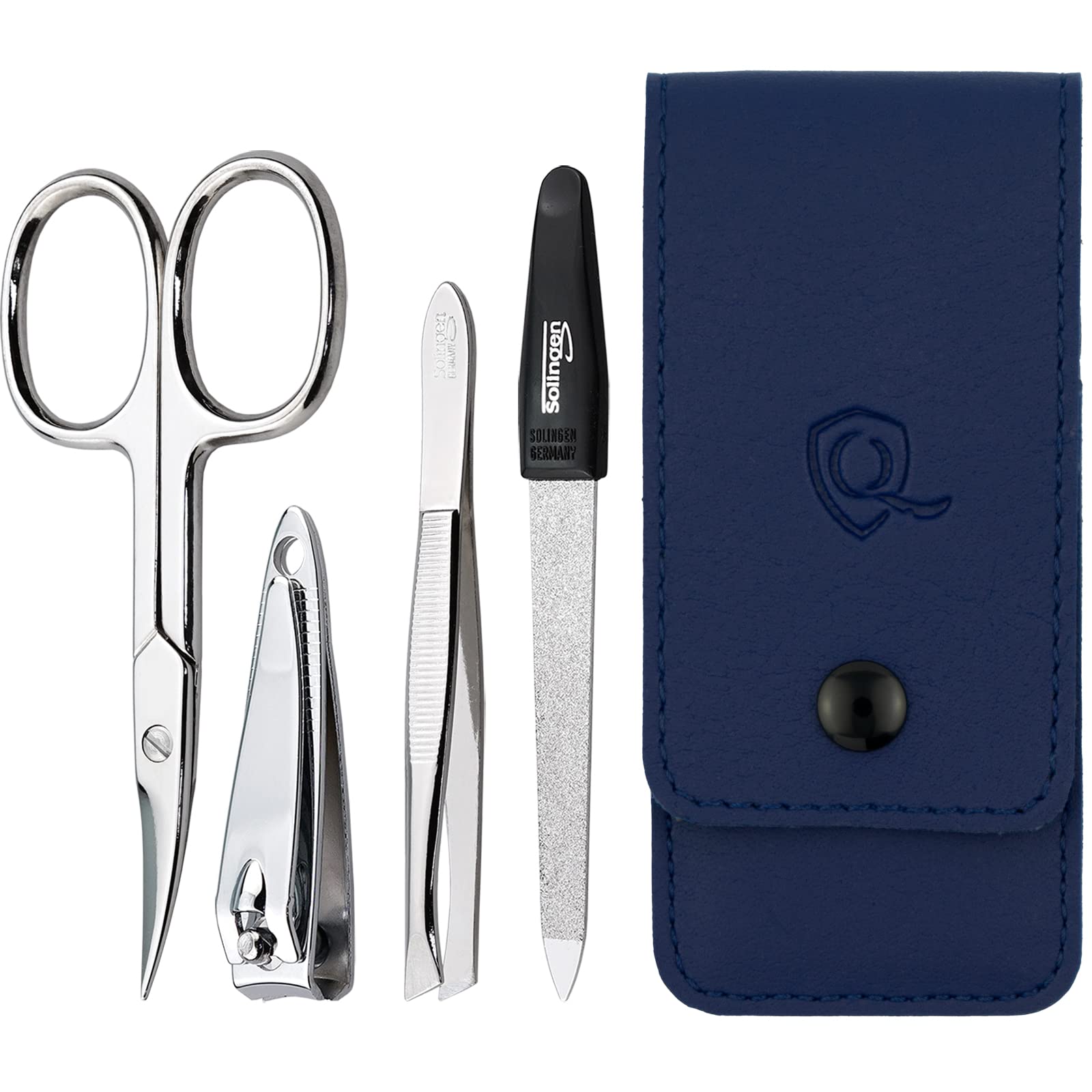 Solingen Manicure Set for Women and Men - 4-Piece Nail Kit, comprising sharp scissors, tweezers, nailclippers, and sapphire nailfile - Ideal for travelling, blue