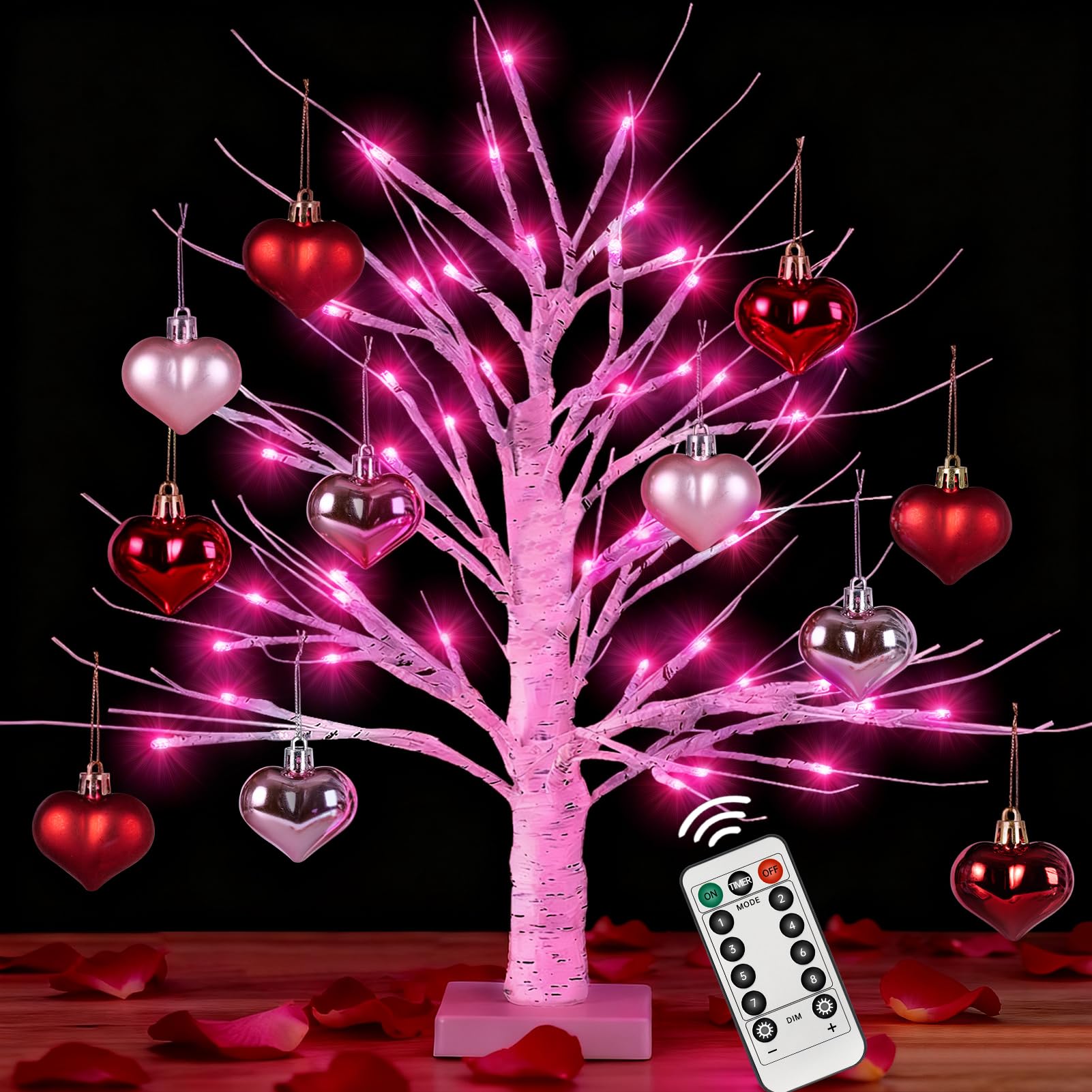 Photo 1 of [Timer] 24'' Valentine's 72 LED Lighted Birch Tree with 12pcs Ornaments,8 Lighting Modes LEDs Birch Tree Light Tabletop Pre Lit Tree Lights for Valentine Decor