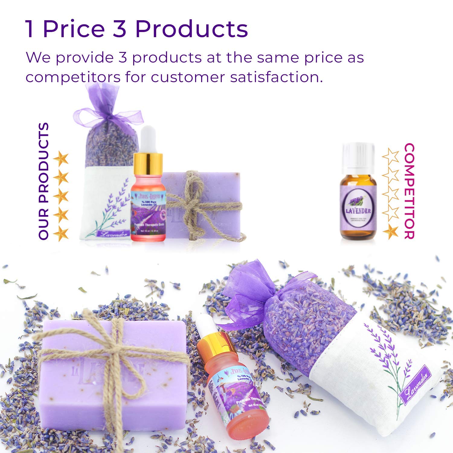 De Paris Le Lavande-Lavender Oil 10 milliliter- Glass Dropper-Lavender Bar Soap- Lavender Sachet-100 Percent Pure- All Natural -Sleep Aroma Therapy, Relaxing Bath, and  Massage