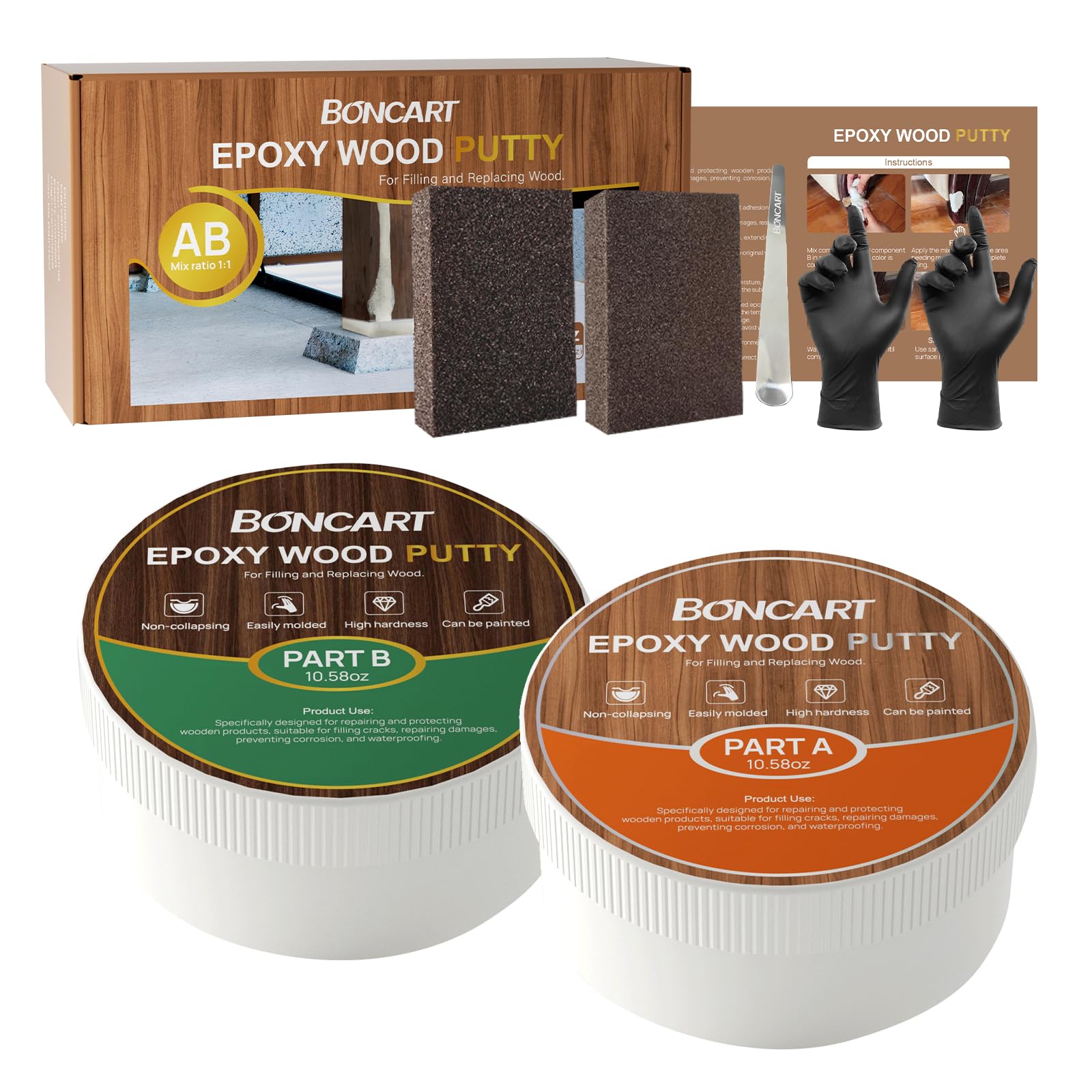Photo 1 of Boncart Epoxy Wood Putty, High Strength Filler Putty, Stainable 2-Part Epoxy Filler, 21.16 oz Structural Wood Repair Kit, Wooden Furniture Repair Kit for Damages (White)