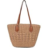 Women's Straw Shoulder Bag Large Rattan Woven Tote, Handmade Beach Bag Summer Purse with Zipper Closure