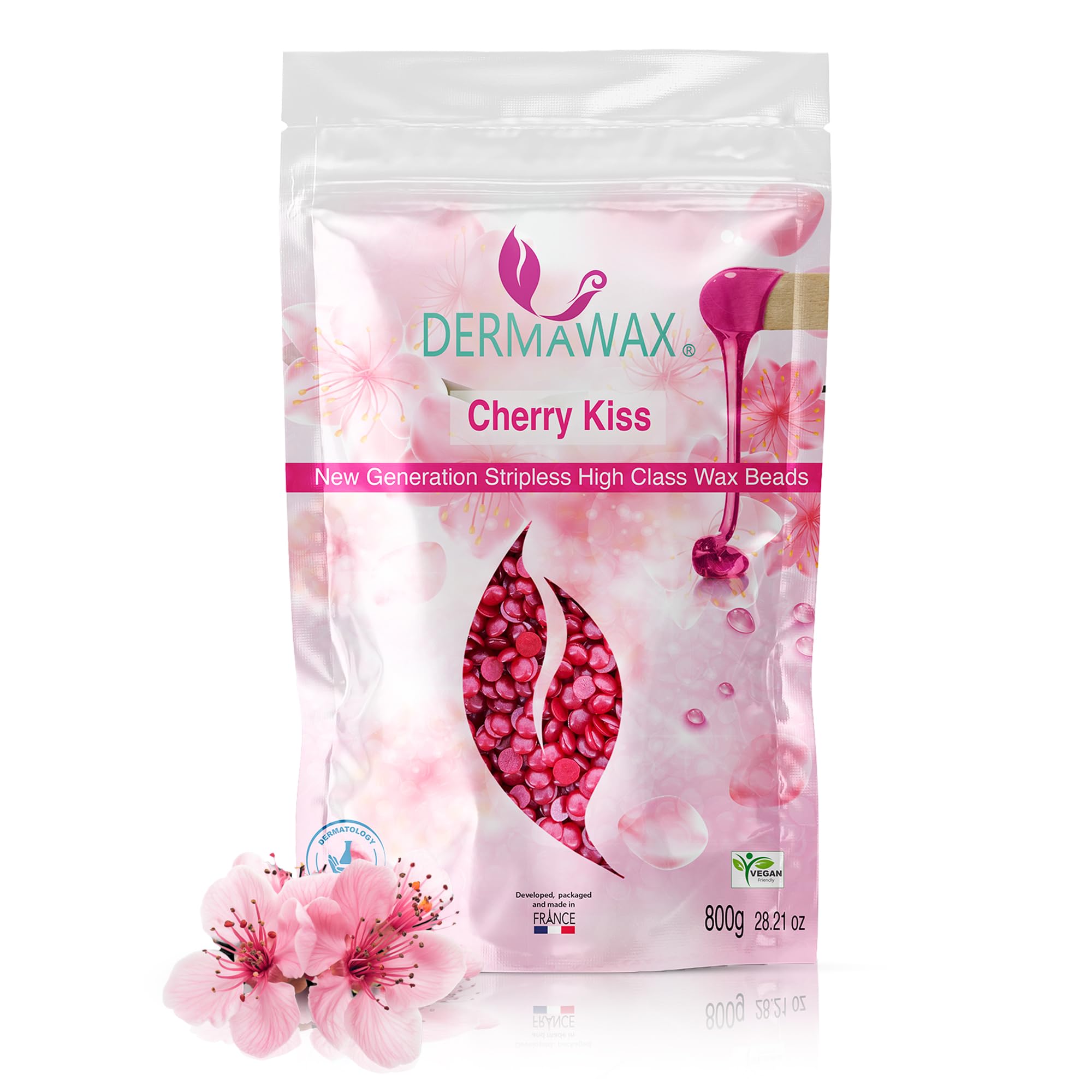 Hard Wax Beads for Hair Removal, Cherry Blossom Stripless Film Formula, Fast Setting Professional Wax for Experienced Users, Face Legs Armpits Bikini Line, Dermawax, Made in France, 800g