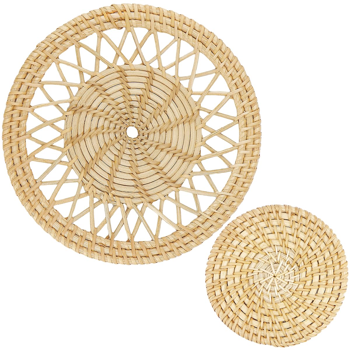 LNQ LUNIQI Boho Round Wall Decoration Rattan, 2Pcs Bohemian Wall Basket Decor Hanging Wall Art Decor Flat for Living Room Bedroom Office Nursery, Beige