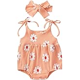 JLKGICF Newborn Baby Girl Clothes Summer Boho Flower Bubble Romper Onesie Spaghetti Strap Bodysuit One Piece Outfits(Waffle Knit Orange Pink, 3-6 Months)