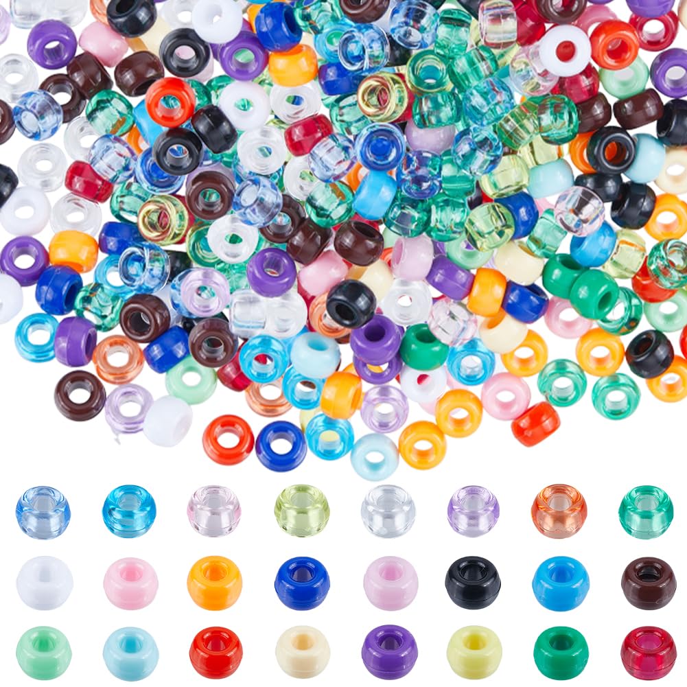 SUNNYCLUE 960 Pcs 6x9mm Pony Beads Bulk Plastic Opaque & Transparent Colored Pony Beads for Jewellery Making Kits, Braid, Friendship Bracelets — image 1