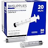 BH Supplies 20ml Luer Slip Tip Syringes (No Needle) - Sterile, Individually Wrapped - 50 Syringes