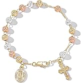HELLOWIN 6mm Gold Plated Beads Catholic Guadalupe Crucifix Charm Rosary Bracelet for Women with Gift Box