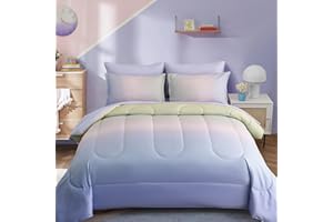 Dinjoy Girls Comforter Set Full Size Colorful Rainbow Ombre Pink Purple Green Bedding Set Gradient 7 Pieces Bed in A Bag for Kids Teen Girl Women(1 Comforter, 1 Flat Sheet, 1 Fitted Sheet)